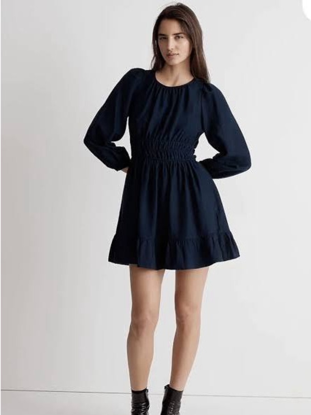 Madewell Navy Smocked-Waist Long-Sleeve Mini Dress